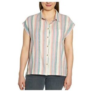 Orvis cap sleeve multicolored striped button down shirt linen blend XL